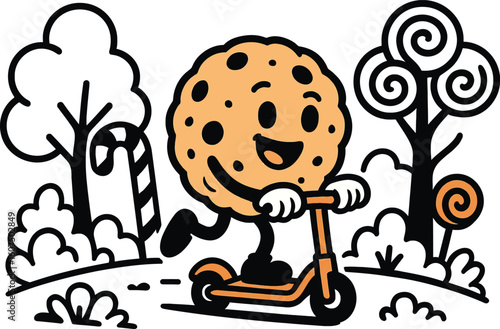 Happy cartoon chocolate chip cookie character riding an orange scooter through a whimsical park with candy canes and swirl trees. Ideal for sweet treats, outdoor fun, or children's themes.