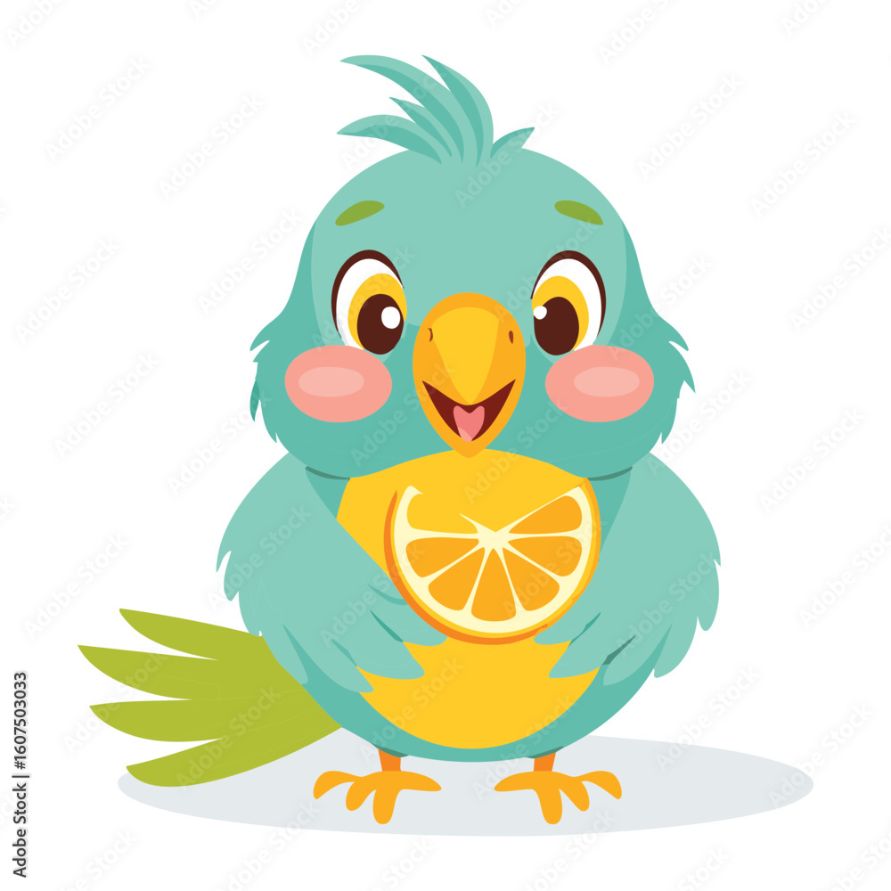 Naklejka premium Cute Baby Bird With Orange Slice Green Body