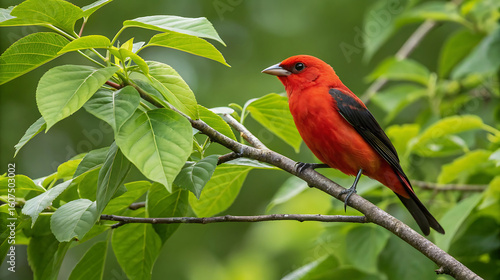 A vibrant scarlet tanager perched on a branch amidst lush green leaves