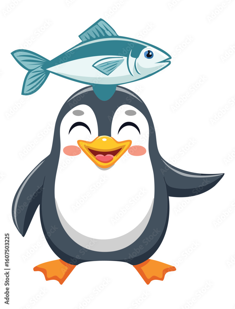 Obraz premium Cheerful Penguin With Fish On Head Waving