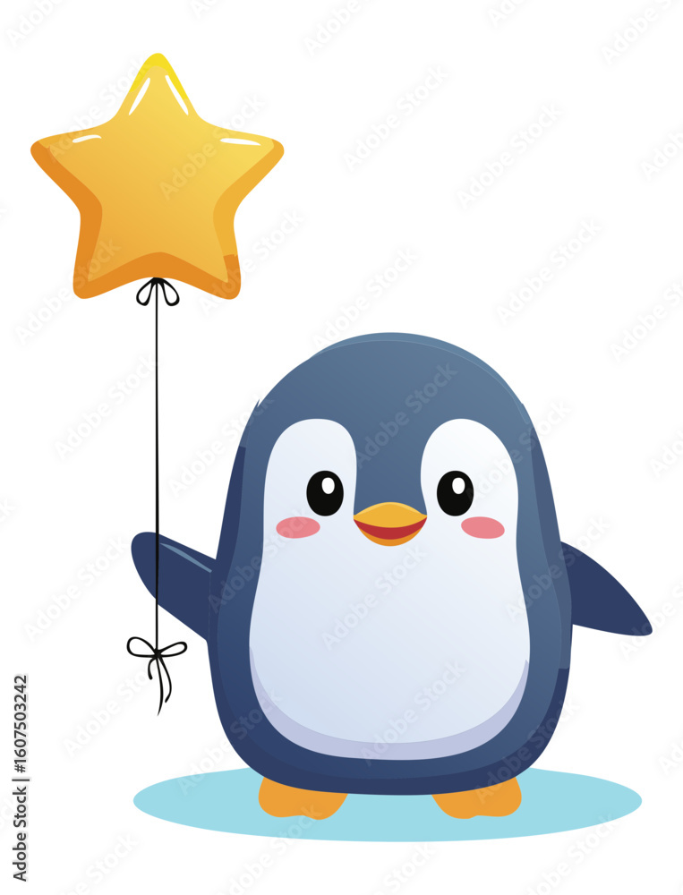 Obraz premium Happy Penguin Holding a Shining Star Balloon