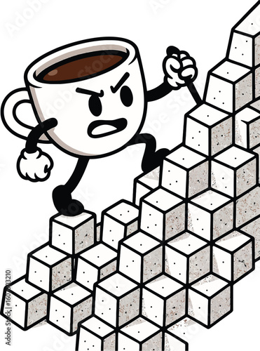 Determined cartoon coffee mug character angrily climbing a mountain of sugar cubes. Symbolizes caffeine boost, sugar addiction, or overcoming challenges.