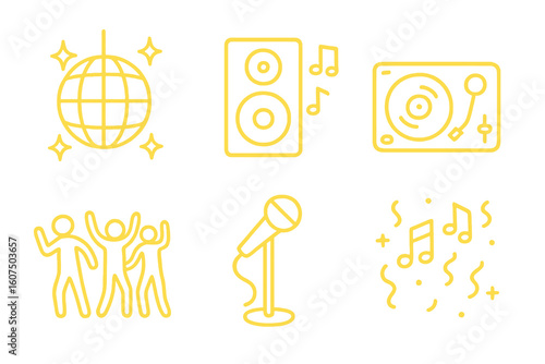 Set of 6 hand-drawn yellow icons featuring dance, music notes, and speakers. Ideal for event branding and celebration illustrations.

