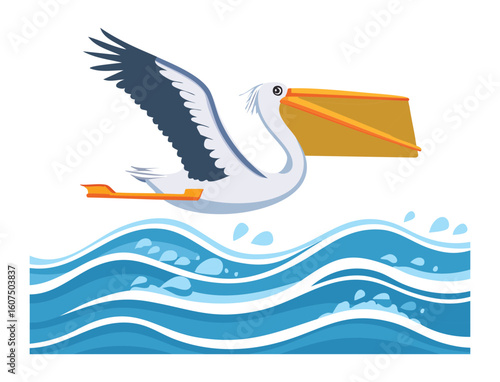 Pelican Delivers Mail Across Blue Ocean Waves Illustration