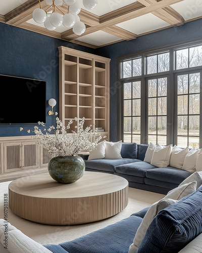 Modern living room with blue walls, wooden accents, and stylish furniture. round coffee table sits in center, surrounded by plush sofas and decorative elements, creating cozy