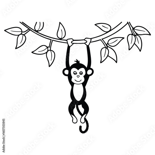 Black and white illustration of a happy monkey hanging from a branch animal tree