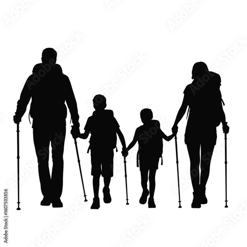 Family hiking together with backpacks and trekking poles