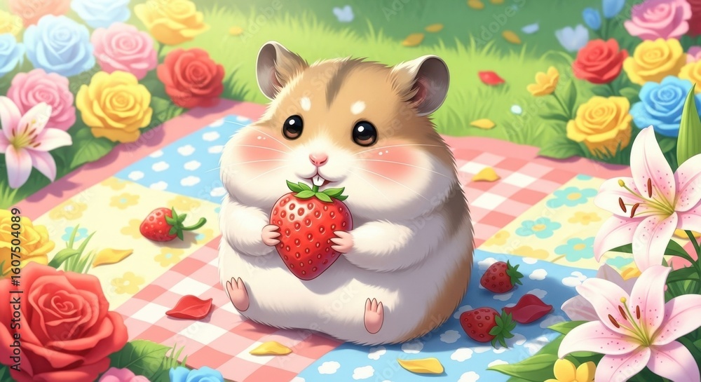 Naklejka premium Adorable hamster enjoys juicy strawberry during a vibrant spring picnic surrounded by blooming flowers