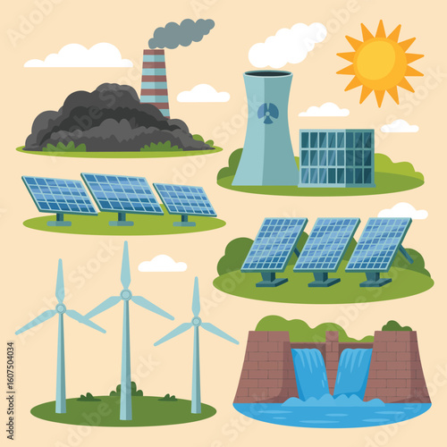 Collection of renewable and non renewable energy sources with a sun and clouds