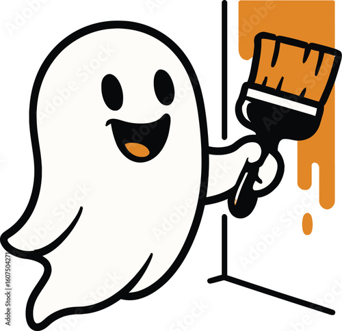 Cute cartoon ghost character happily painting a wall with an orange paintbrush, with paint dripping down. Perfect for Halloween, home decor, or creative themes.