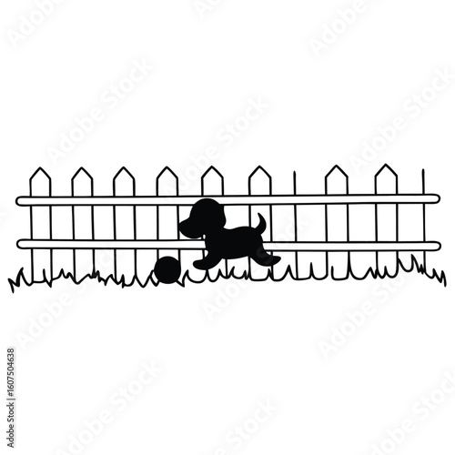 Black silhouette of a playful puppy chasing a ball near a picket fence white