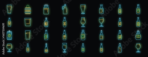 Glowing neon icons representing cider production, including bottles, glasses, barrels, and cans, create a vibrant visual
