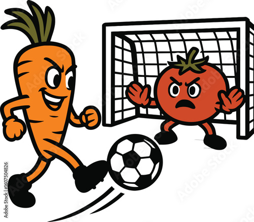 Dynamic cartoon carrot kicking a soccer ball towards an angry tomato character guarding a goal. Ideal for sports, food, or humorous competition themes.
