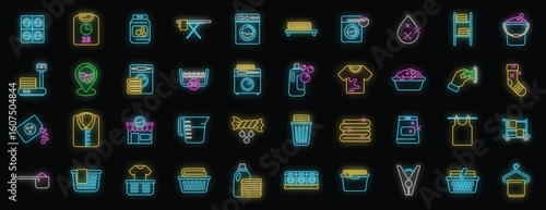 Neon icons representing various aspects of laundry, including washing machines, detergents, ironing boards, clotheslines, and folded clothes
