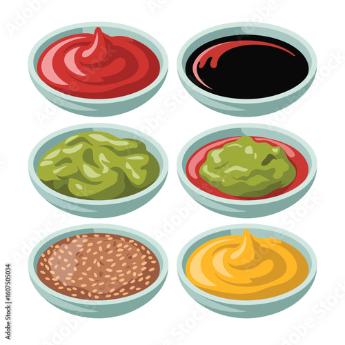 Six bowls of condiments including ketchup soy sauce mustard wasabi and more