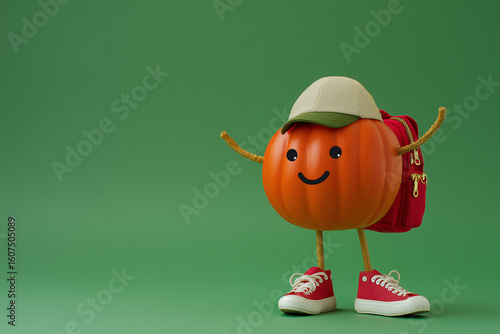 Pumpkin in a cap with a school backpack. Concept: back to school.