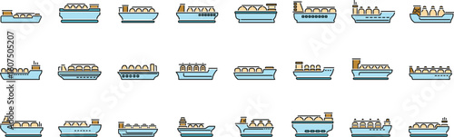 Set of diverse lng tanker icons representing ships designed for transporting liquefied natural gas across oceans, ensuring energy supply