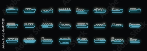 Neon blue icons of lng tankers, highlighting various designs of vessels used for liquefied natural gas transport