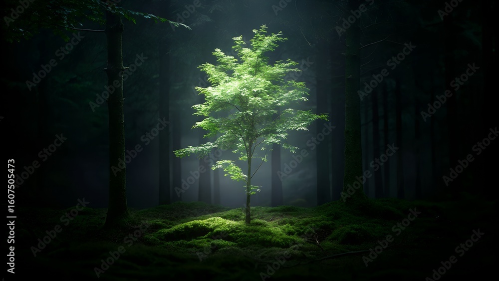 Fototapeta premium Young Tree Glowing in Enchanted Forest with Dramatic Lighting