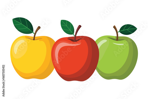 Three colorful apples red yellow and green with stems and leaves