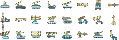 Collection of rocket launchers and missile systems preparing for military operations