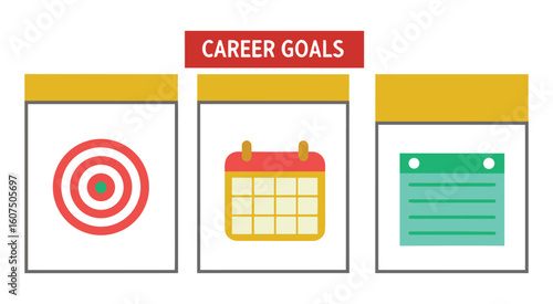 Three icons representing career goals target calendar and notes