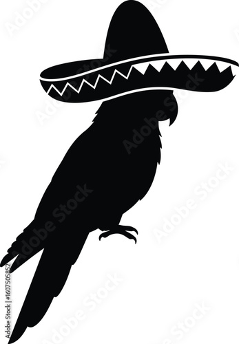 Solid black silhouette of parrot in Mexican sombrero 