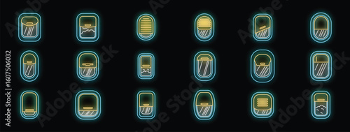 Set of glowing neon airplane windows, showcasing various views and states, ideal for travel and aviation designs