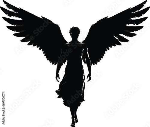 male angel silhouette with bold wings on a white background.  