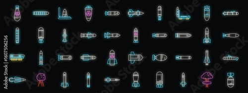 Glowing neon missile icons symbolize military arsenals, global conflict, and the destructive potential of warfare