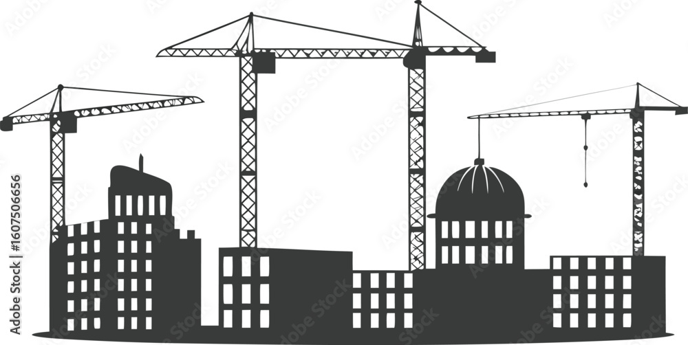 Obraz premium Silhouette of construction cranes and buildings architecture