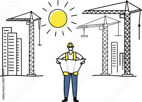 Construction worker with blueprints at sunny construction site