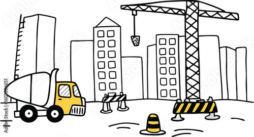 Cartoon construction site with crane and cement truck