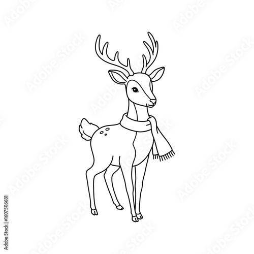 Cute cartoon deer wearing a scarf winter animal line art coloring page illustration