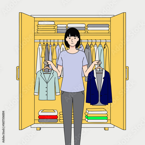 A metaphor for the inability to make decisions. A woman in front of a wardrobe, unable to choose between two items, symbolizing confusion and difficulty in making choices in everyday situations.