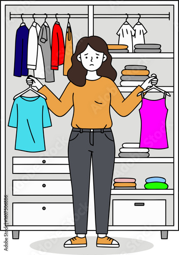 A metaphor for the inability to make decisions. A woman in front of a wardrobe, unable to choose between two items, symbolizing confusion and difficulty in making choices in everyday situations.