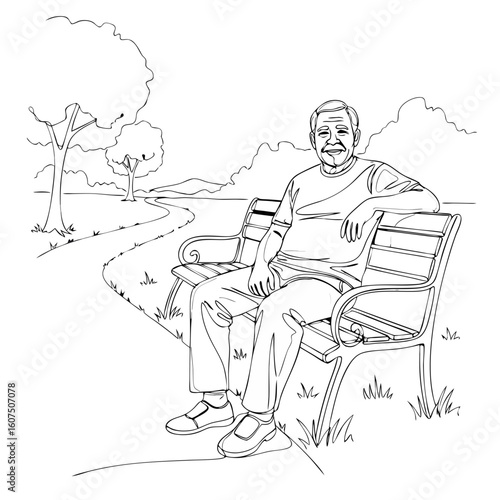 Happy senior man sitting on park bench in nature landscape. Outdoor recreation and active lifestyle concept. Outline vector illustration for coloring book, design