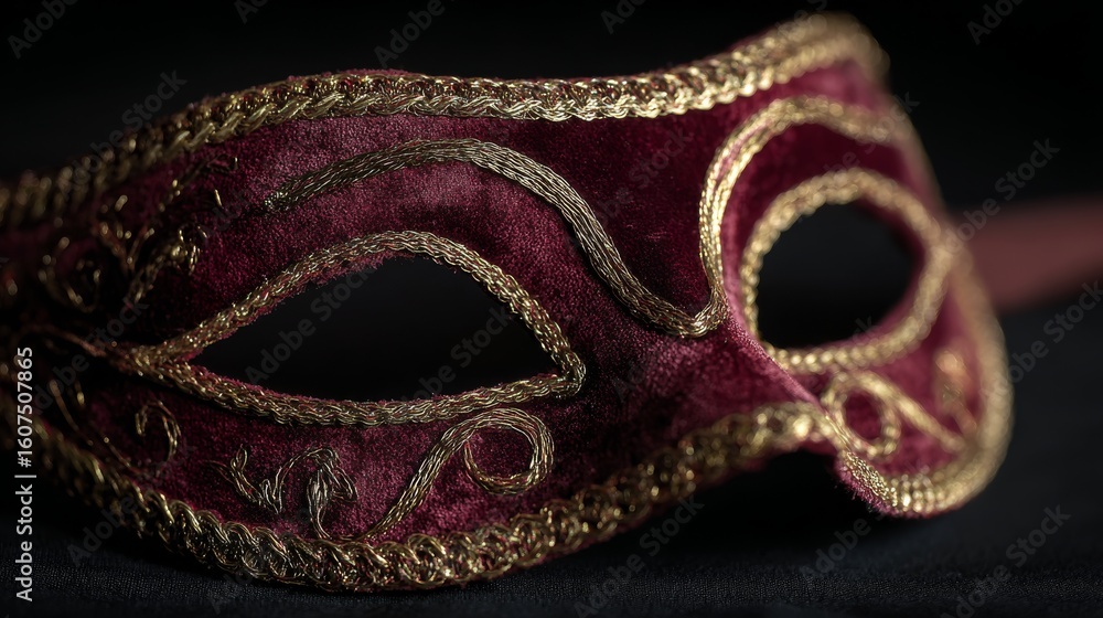 Fototapeta premium An elegant opera mask crafted from deep burgundy velvet with intricate gold-thread embroidery and a delicate wire frame.