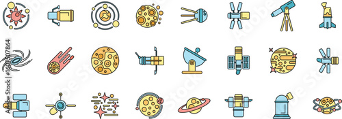 Colorful icons representing various aspects of space exploration, including satellites, telescopes, planets, and celestial bodies