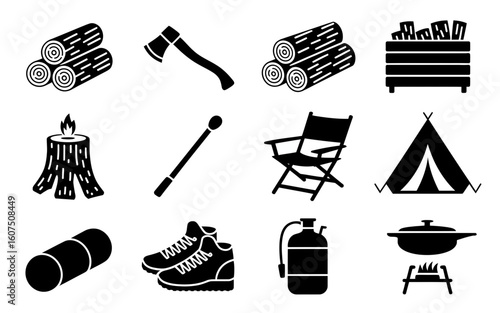 Collection of camping and outdoor gear icons silhouette isolated on white background