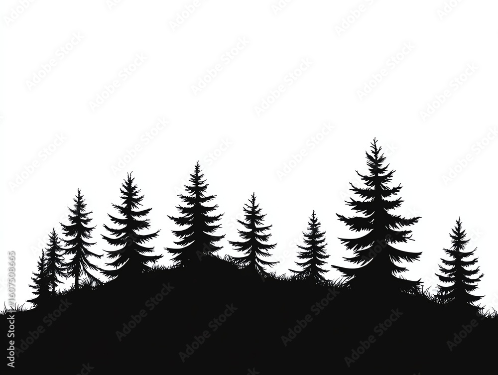 Obraz premium Silhouetted illustration of a forest line with evergreen trees against a white backdrop