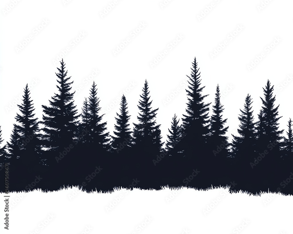 Obraz premium Silhouetted illustration of a forest line with evergreen trees against a white backdrop