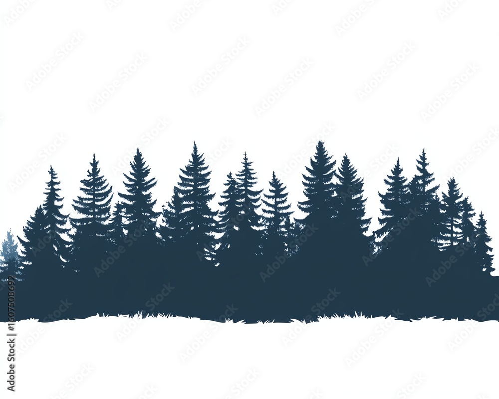 Obraz premium Silhouetted illustration of a forest line with evergreen trees against a white backdrop