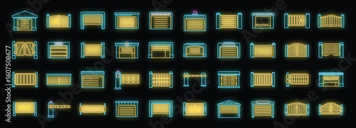 Bright glowing neon gate and garage door icons collection illuminating the night