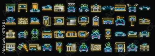 Neon icons representing various aspects of car dealerships, including vehicles, showrooms, and sales related symbols