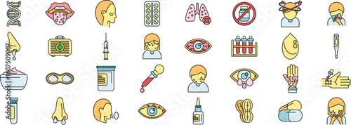 Icons depicting various allergy symptoms, causes, and treatments, including sneezing, runny nose, skin rash, medication, and medical tests