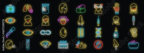 Bright neon icons illustrate various allergy symptoms, diagnostic tools, treatments, and preventive measures