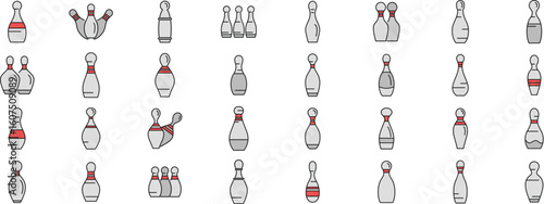 Bowling pins set with different bowling pins icons showing standing and fallen skittles, vector illustration