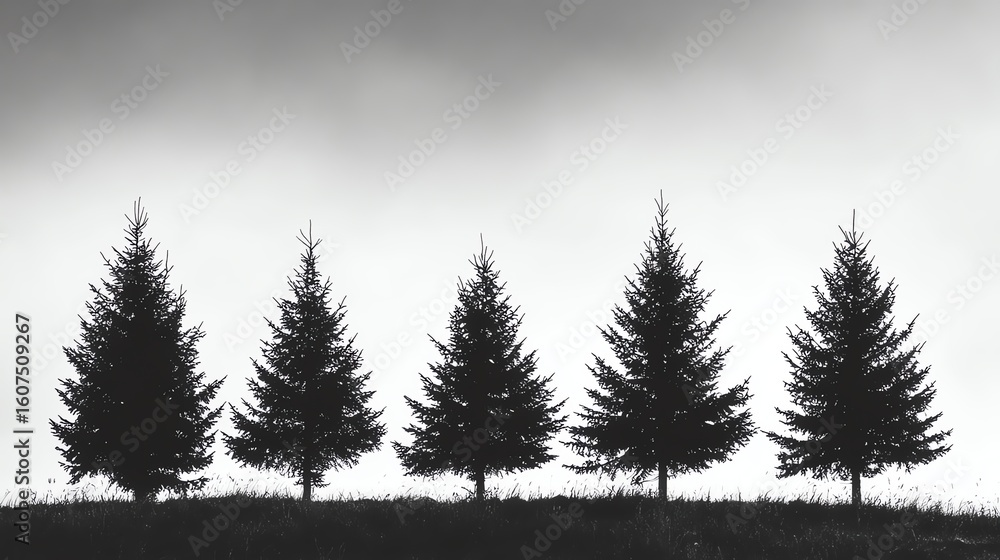 Obraz premium Silhouettes of five fir trees