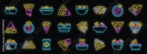 Colorful neon signs depicting tortilla chips, some with dipping sauce, create a vibrant snack food theme